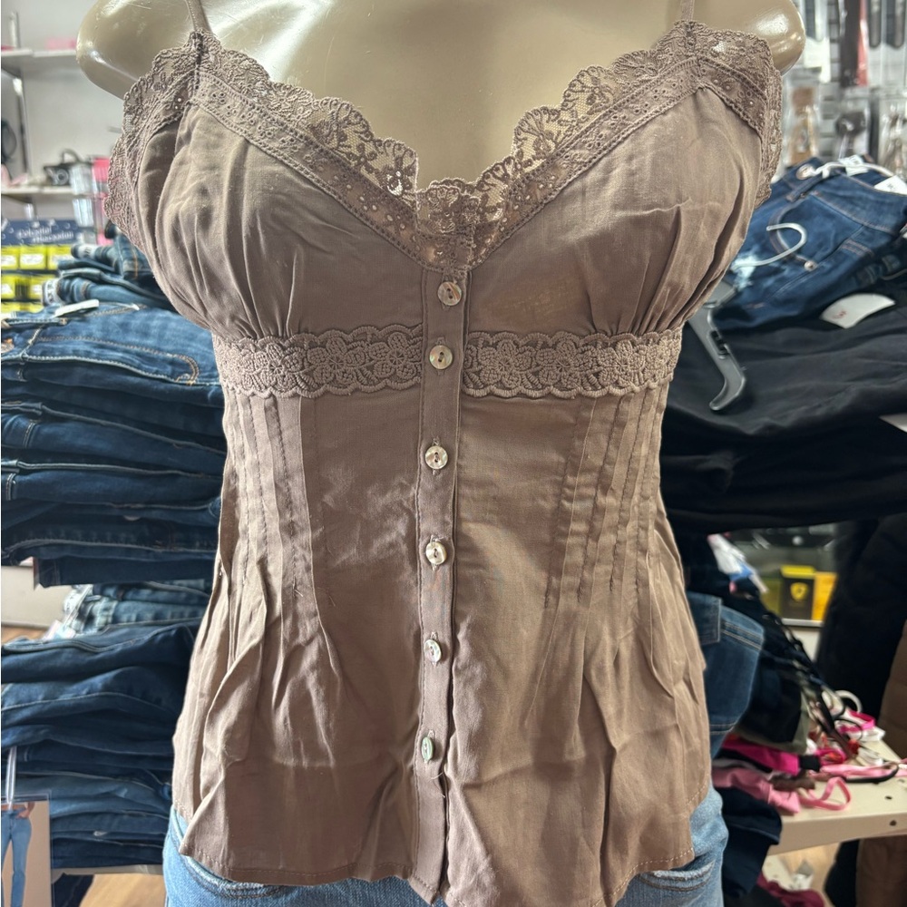 Lace Trim Button-Up Brown Top
